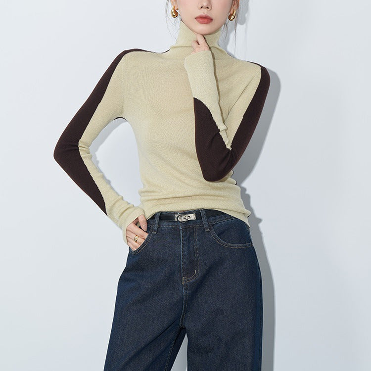 Contrast-color Ultra-fine Merino Wool Designer Patchwork Base Knit Top For Women