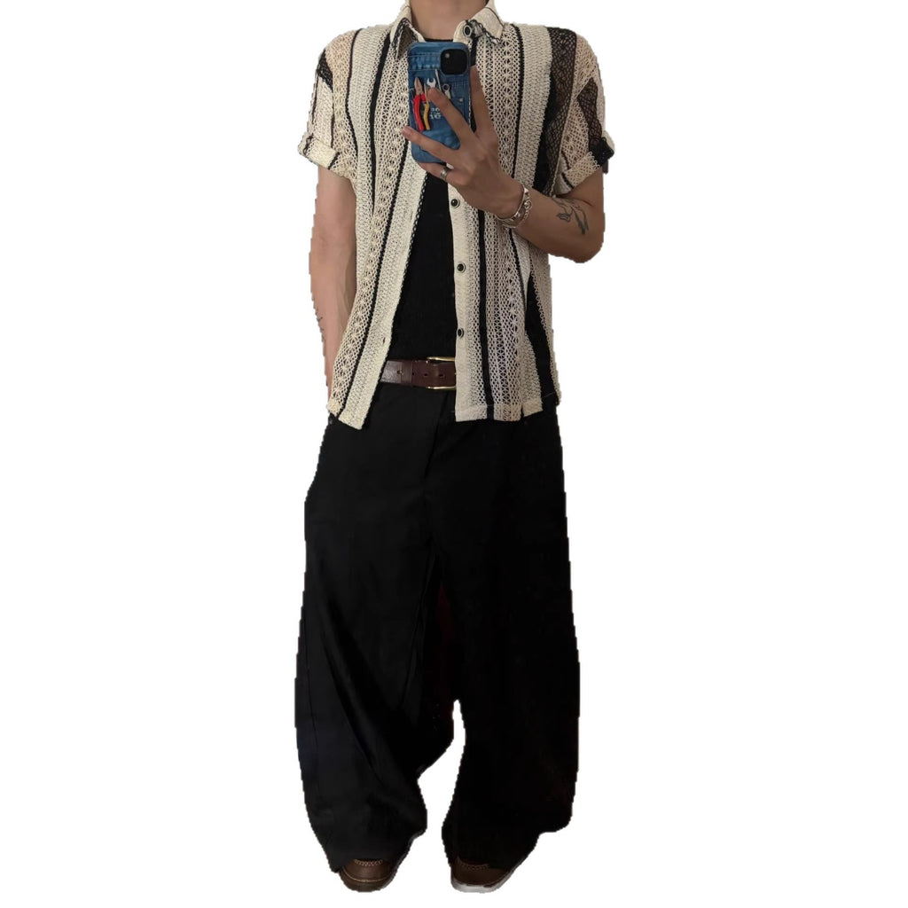Striped Contrasting Color Hollow-Out Knitted Short-Sleeve Shirt