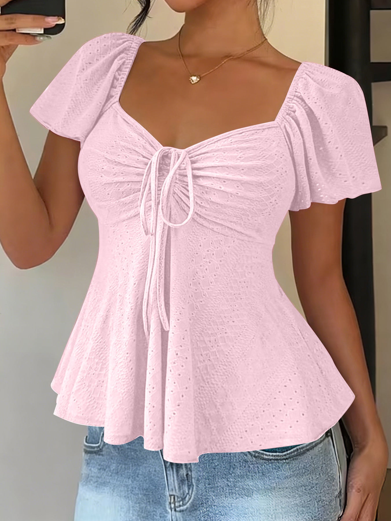 Euramerican V-neck Drawstring Tie-up Top