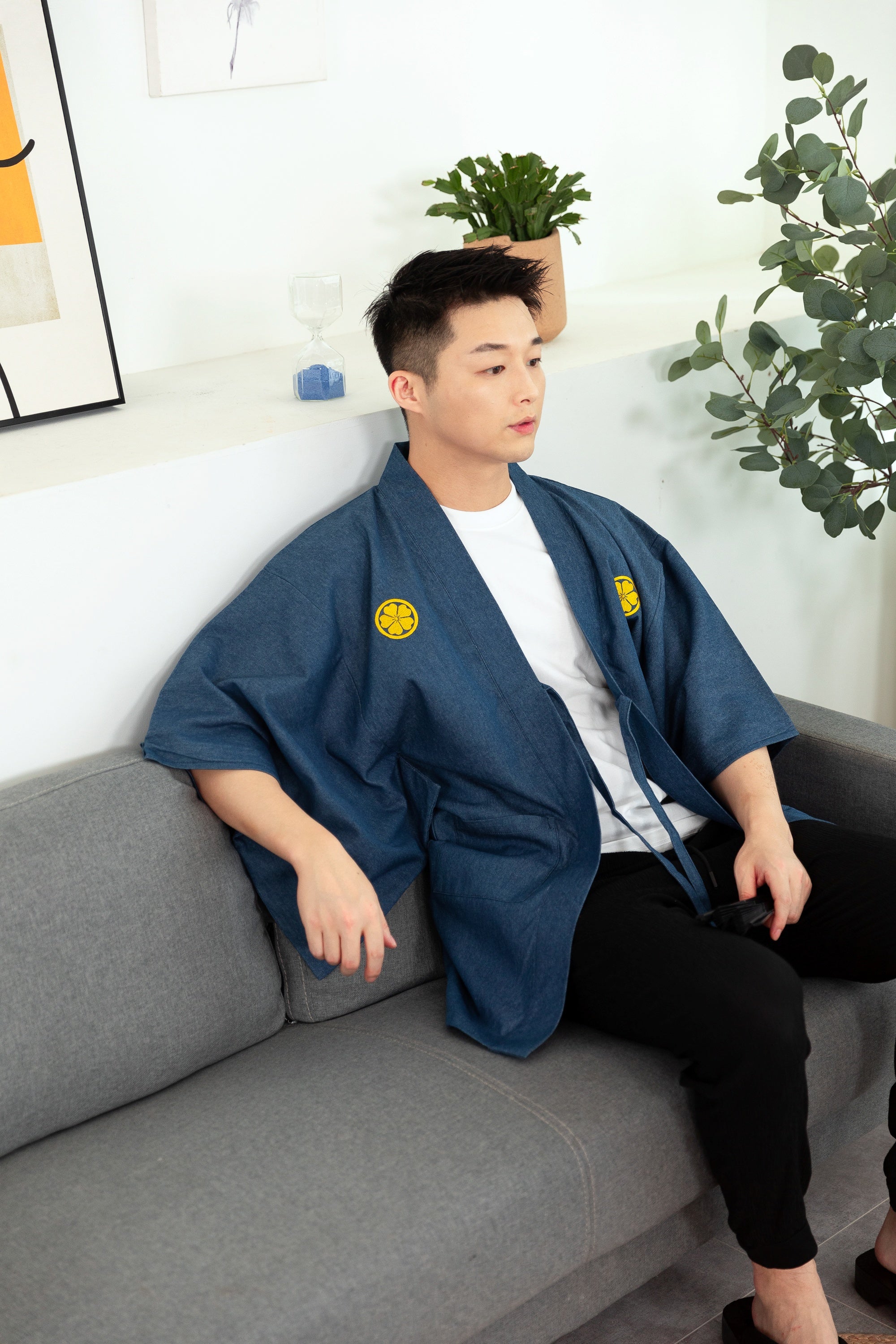 Japanese Kimono Jacket For Men, Haori With Embroidery, Samurai Outerwear, Pure Cotton Belted Coat With Lining, Japanese Novelty Clothing