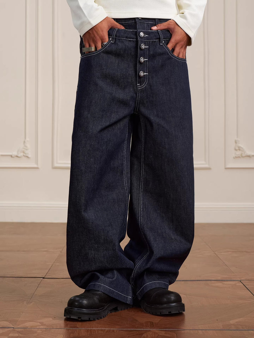 Retro Double-waist Jeans With Buttons Flared Legs Versatile Style