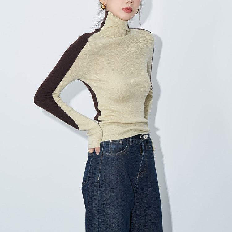 Contrast-color Ultra-fine Merino Wool Designer Patchwork Base Knit Top For Women