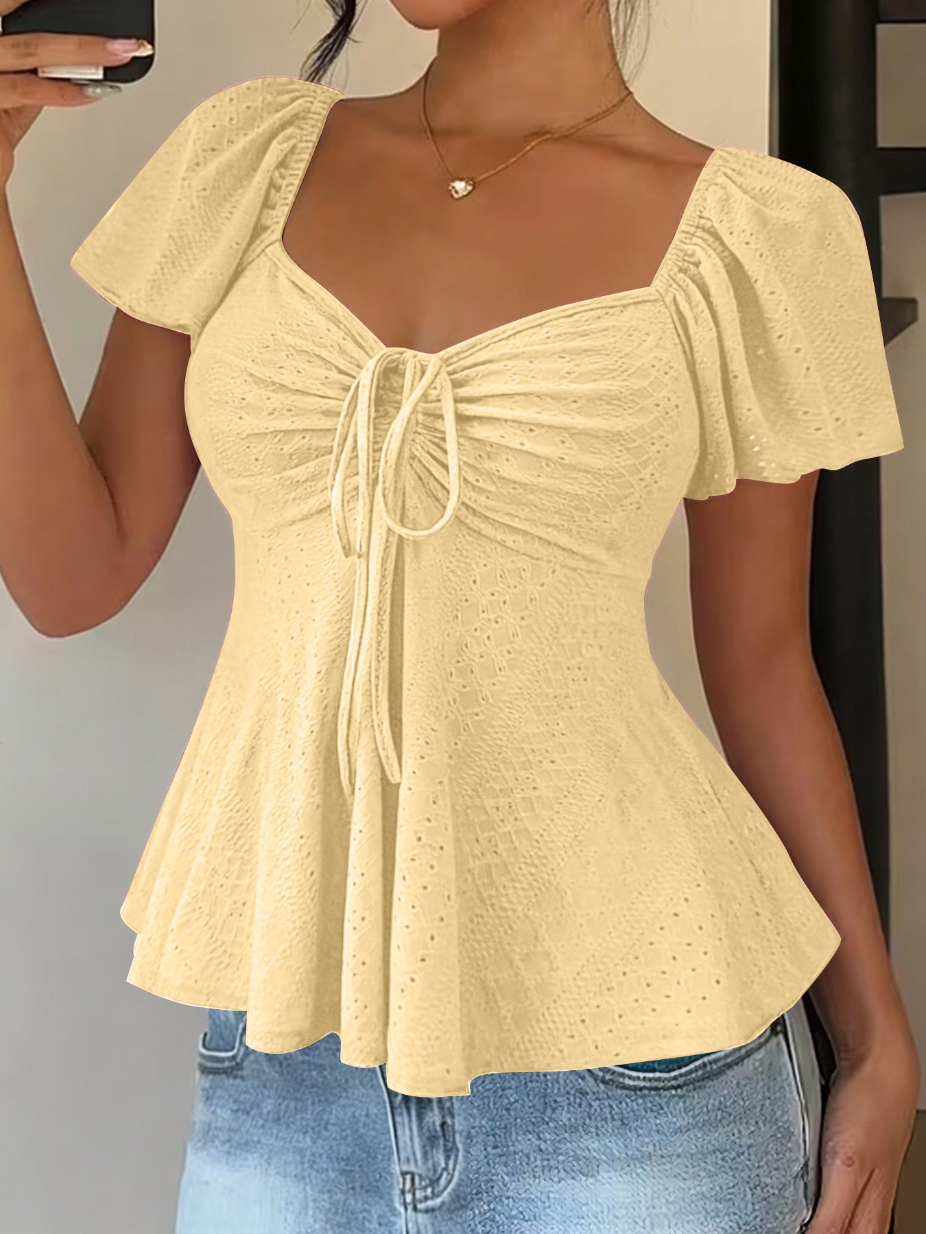 Euramerican V-neck Drawstring Tie-up Top