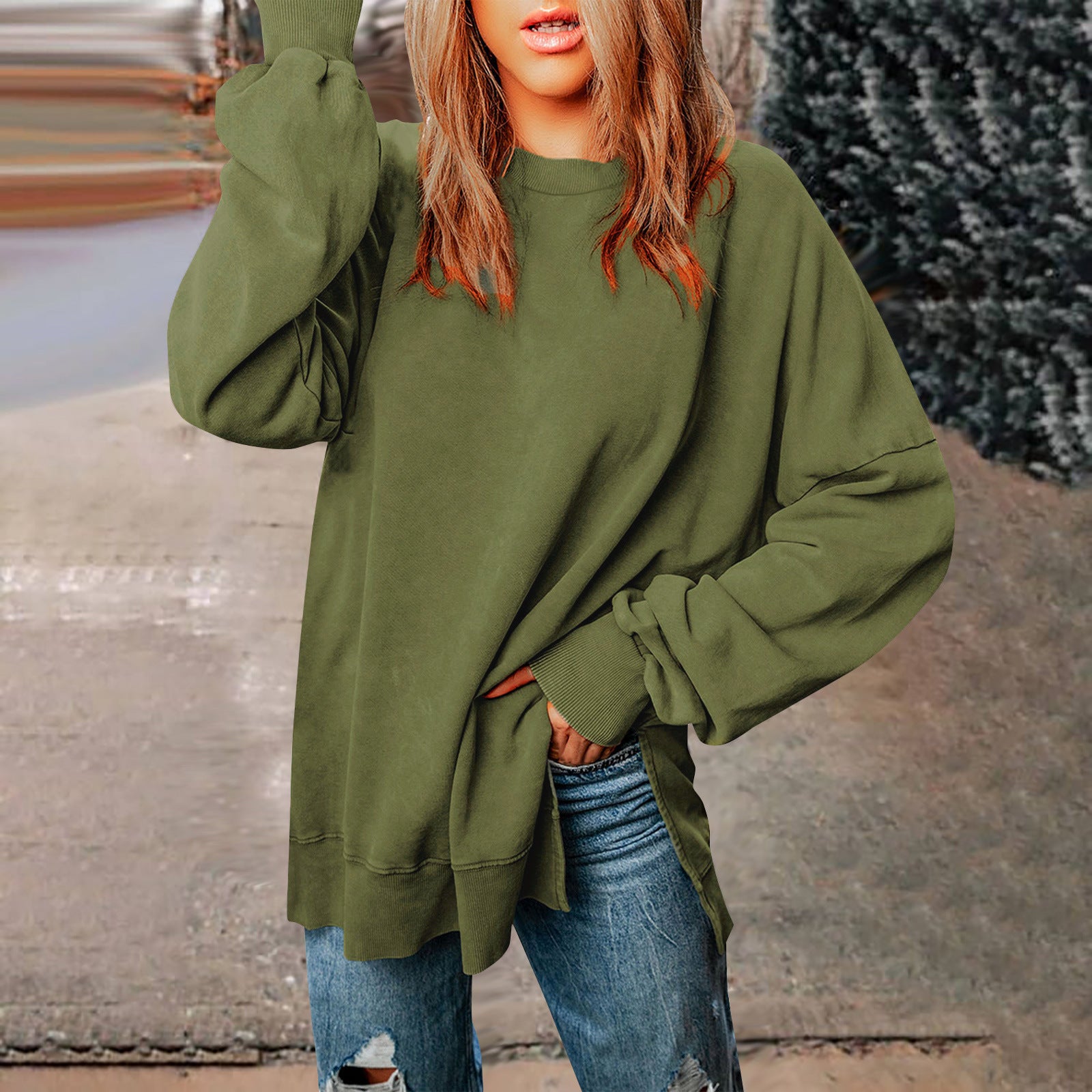 Solid-color Pullover Crewneck Sweatshirt Casual Versatile Style Extra-long Figure-flattering Long-sleeve Top