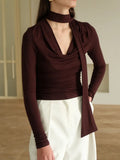 Ribbon V-neck Scarf Long-sleeved Base Shirt