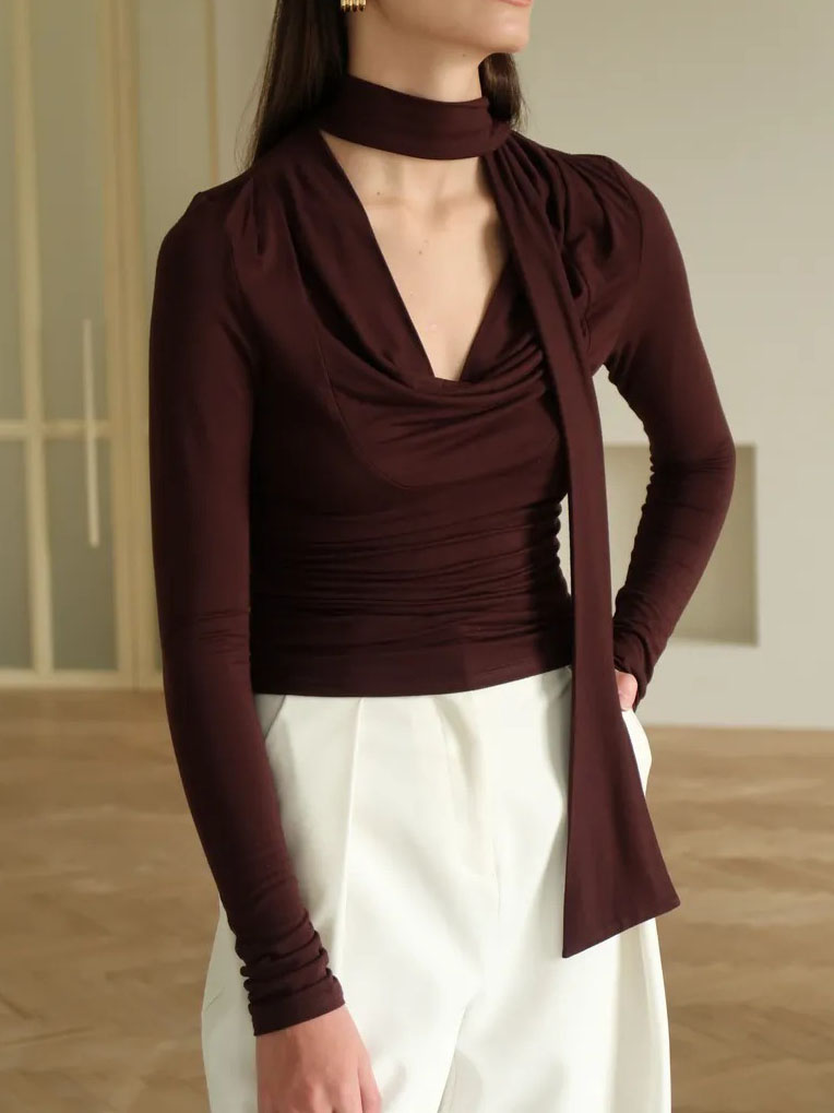 Ribbon V-neck Scarf Long-sleeved Base Shirt