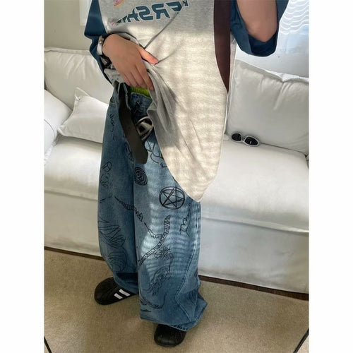 American-style Street Graffiti Wide-leg Jeans For Men