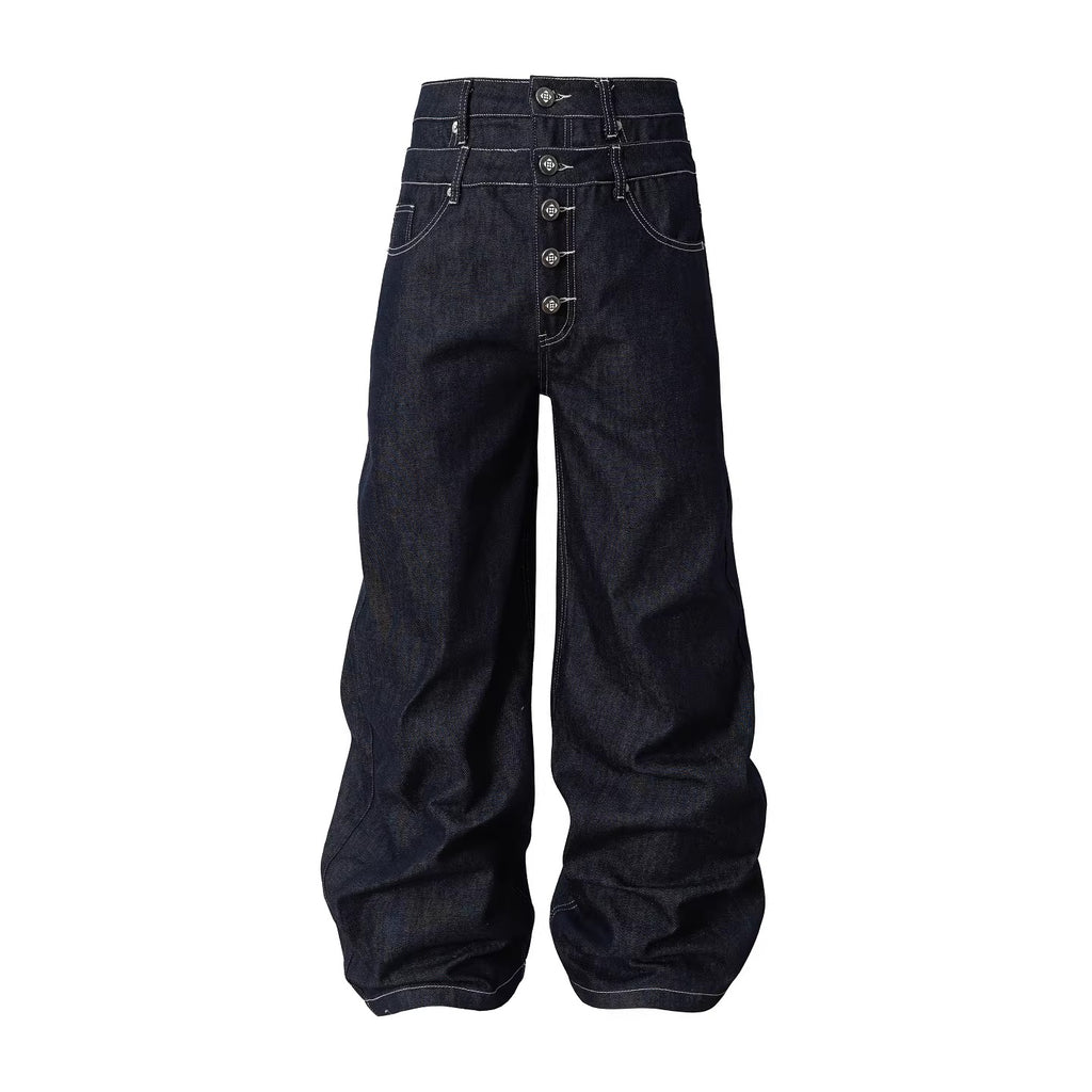 Retro Double-waist Jeans With Buttons Flared Legs Versatile Style