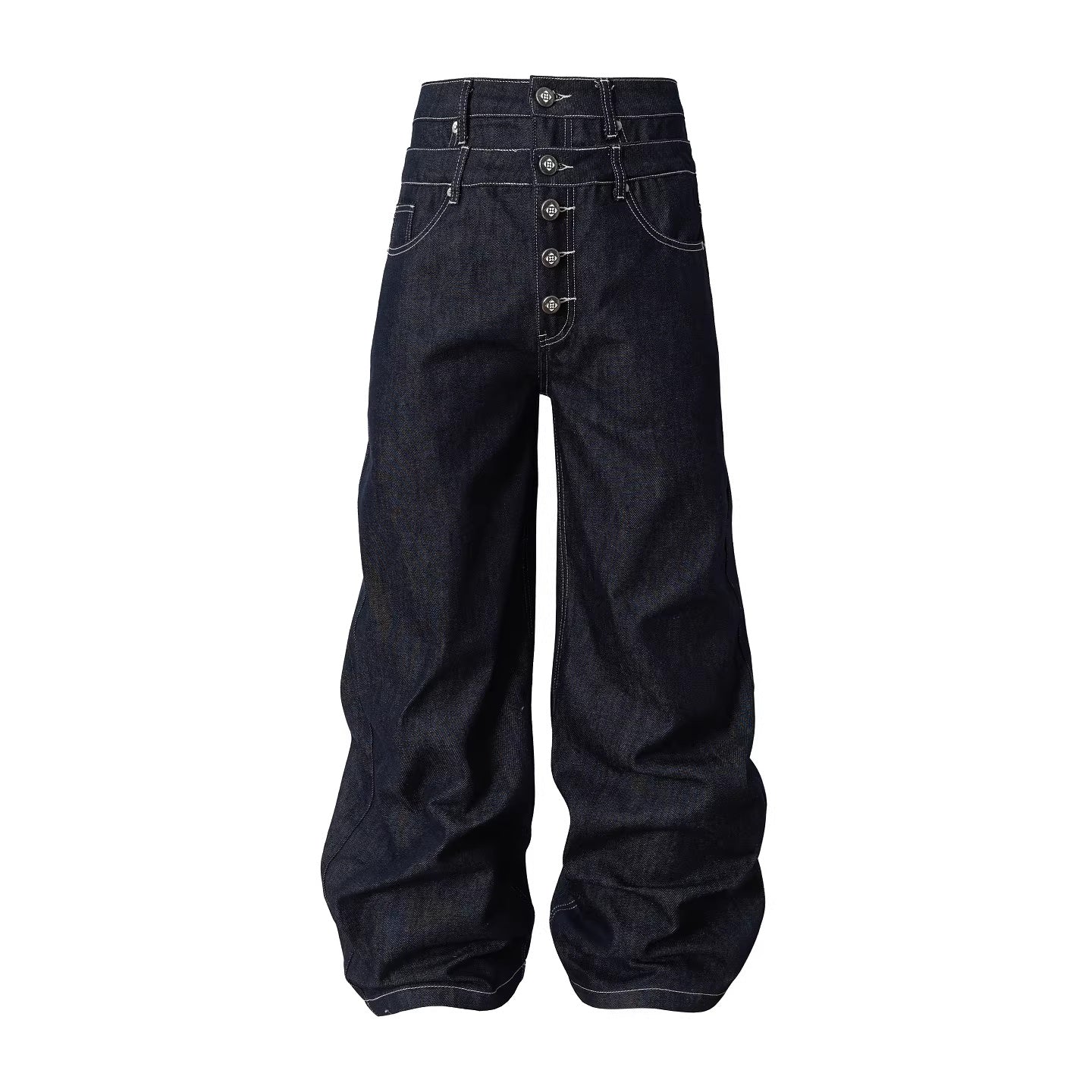 Retro Double-waist Jeans With Buttons Flared Legs Versatile Style