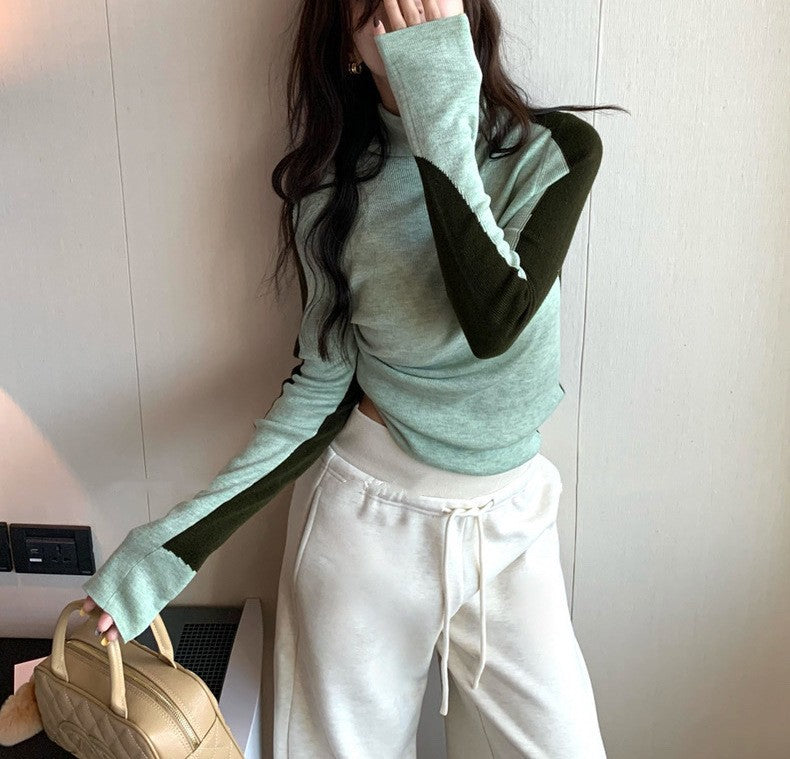 Contrast-color Ultra-fine Merino Wool Designer Patchwork Base Knit Top For Women