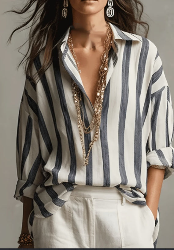French Lazy Style Textured Striped Lapel Top