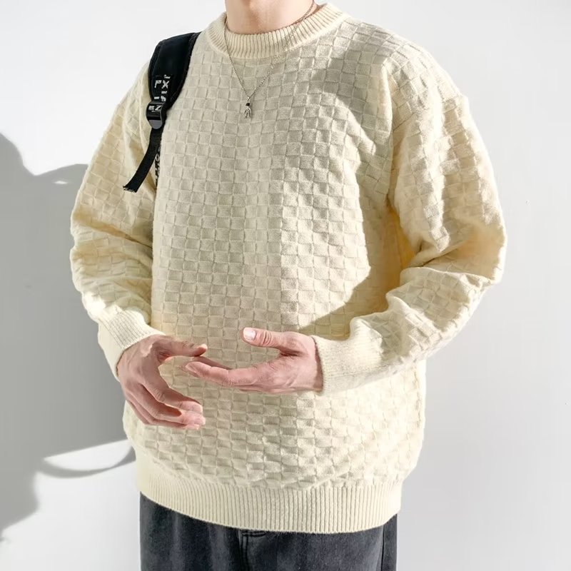 High-End Plaid Jacquard Sweater Mens SpringAutumn Trendy Loose Knitwear