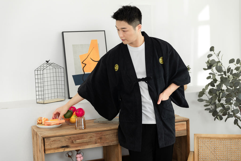 Men's Haori, Japanese Kimono Jacket, Samurai Style Embroidered Coat, Double-layer Lace Up Outerwear, Unique Japanese Novelty Clothing, Halloween Costume.
