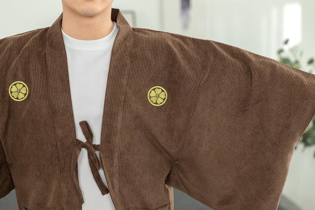 Men's Haori, Japanese Kimono Jacket, Samurai Style Embroidered Coat, Double-layer Lace Up Outerwear, Unique Japanese Novelty Clothing, Halloween Costume.