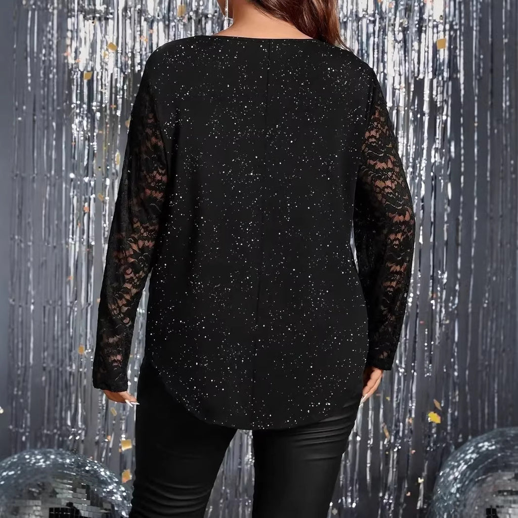 Womens Loose Powder-Effect Elegant Lace V-Neck Long-Sleeve T-Shirt