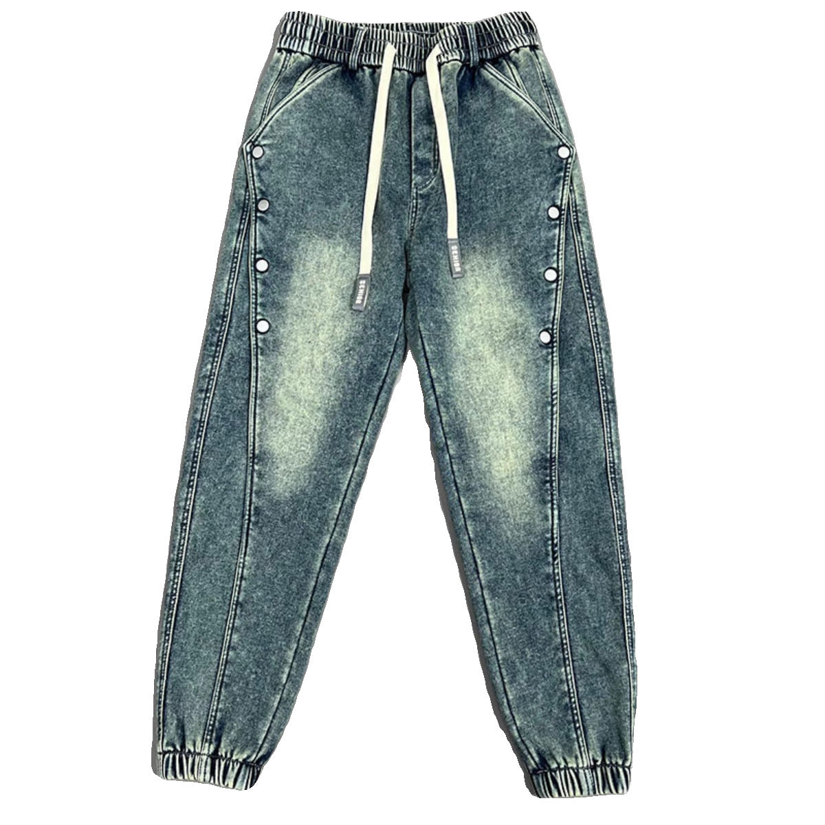 Mens Washed Denim Jeans With A Vintage Design, Featuring Button Detailing And A Tapered Leg