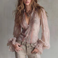 Maillard Pure & Seductive Chic Design Fake Two-Piece Knotted Lace Flared Sleeve Top