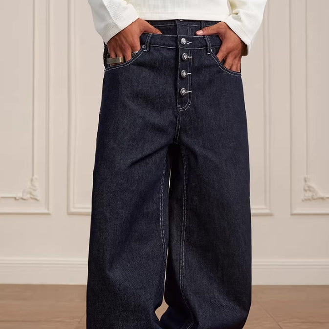 Retro Double-waist Jeans With Buttons Flared Legs Versatile Style