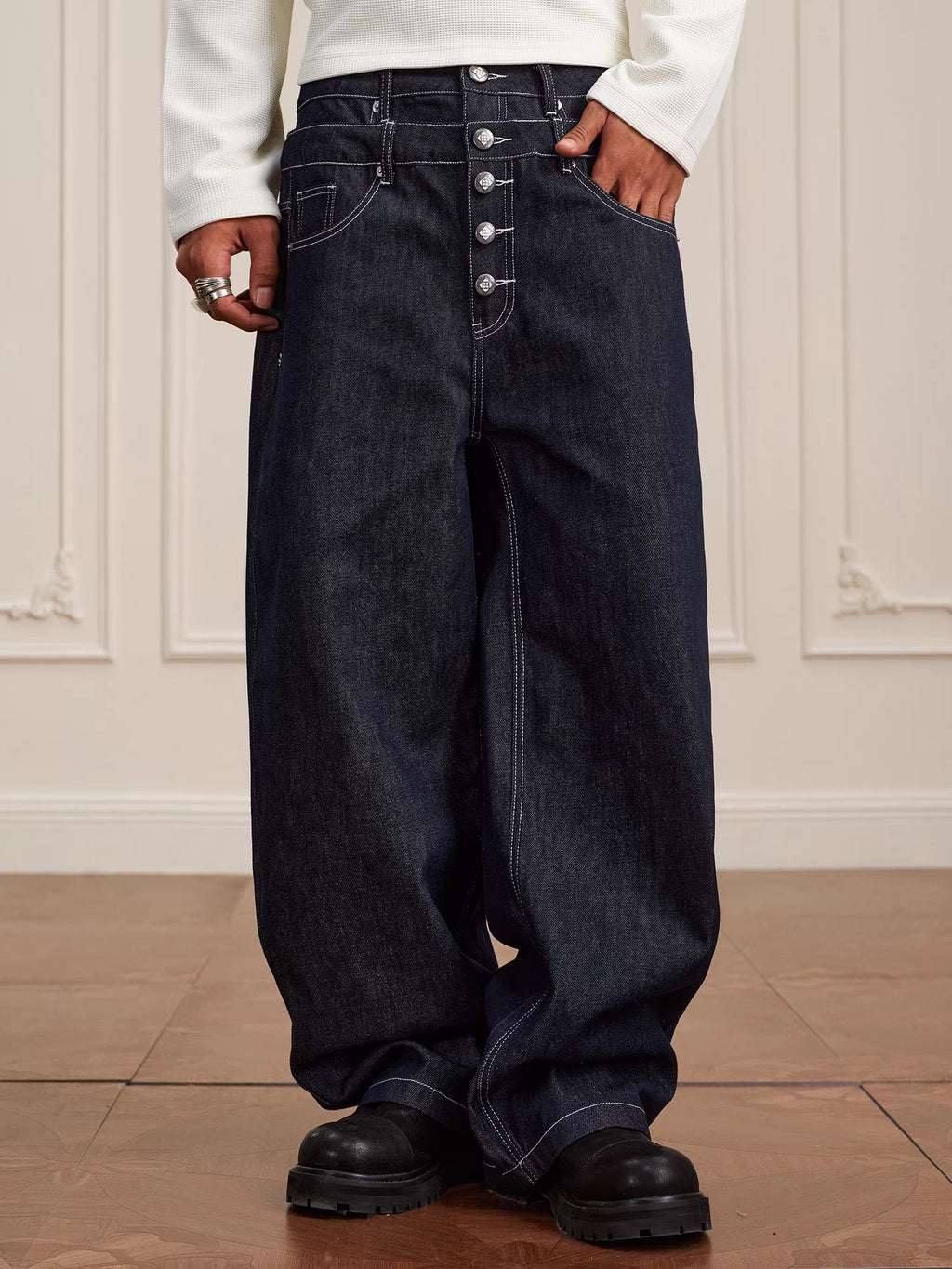 Retro Double-waist Jeans With Buttons Flared Legs Versatile Style