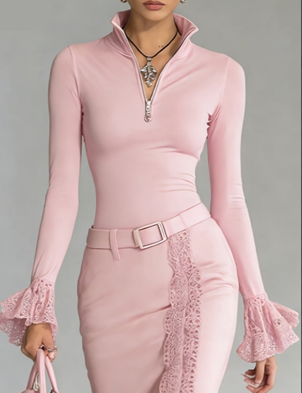 Lace-trimmed Stand-up Collar Zip-up Long-sleeved Top For Women