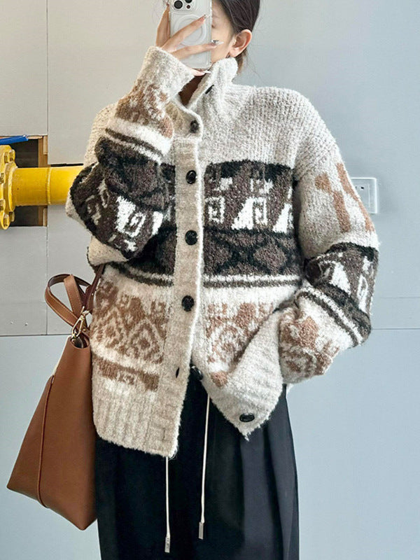 Fair Isle Retro Ethnic Style Cable-Knit Cardigan Sweater