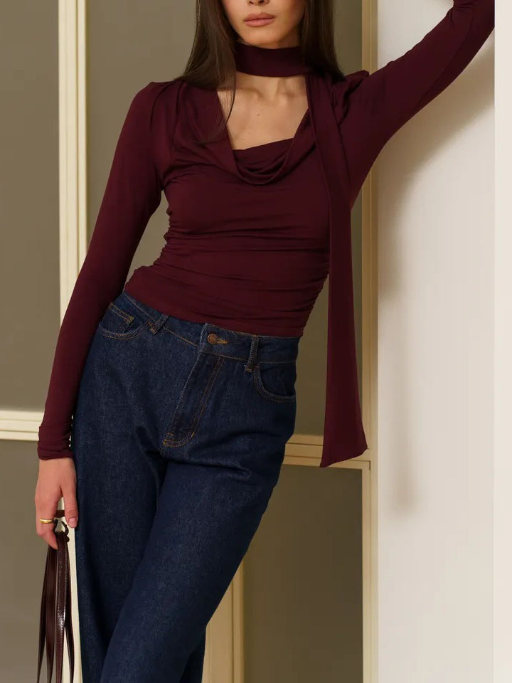 Ribbon V-neck Scarf Long-sleeved Base Shirt