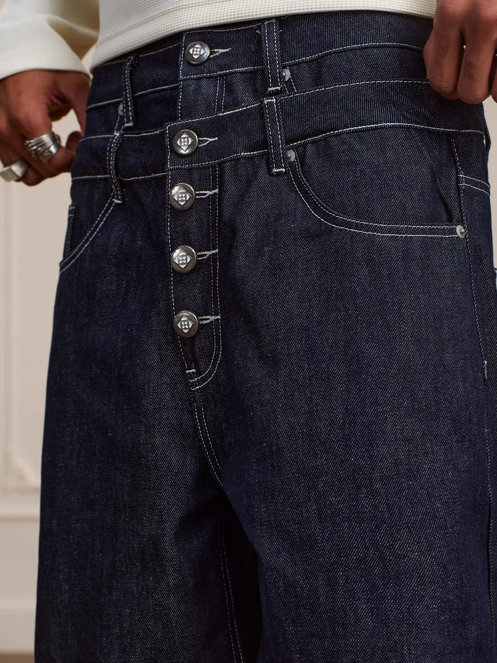 Retro Double-waist Jeans With Buttons Flared Legs Versatile Style