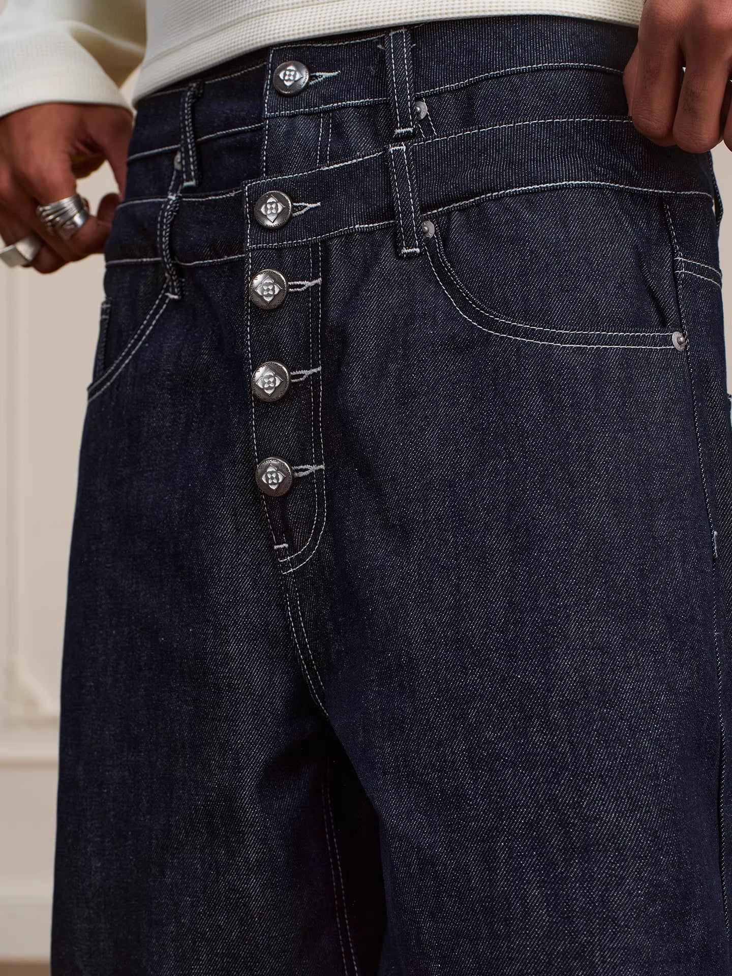 Retro Double-waist Jeans With Buttons Flared Legs Versatile Style