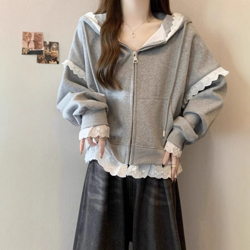 Women's Sweater With Lace Trim And Zipper
