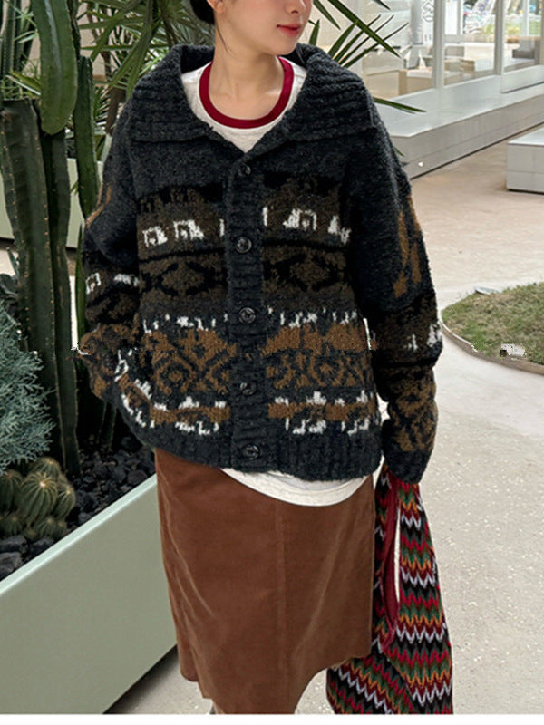 Fair Isle Retro Ethnic Style Cable-Knit Cardigan Sweater