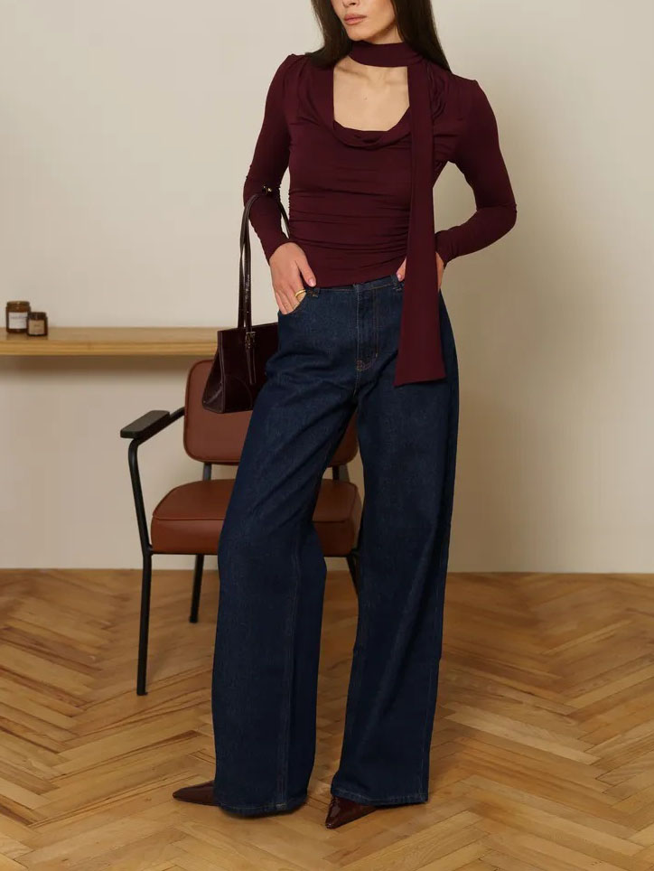 Ribbon V-neck Scarf Long-sleeved Base Shirt