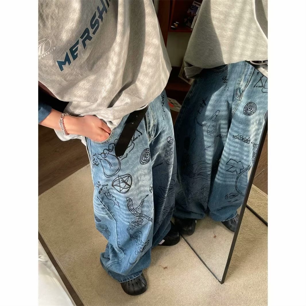 American-style Street Graffiti Wide-leg Jeans For Men