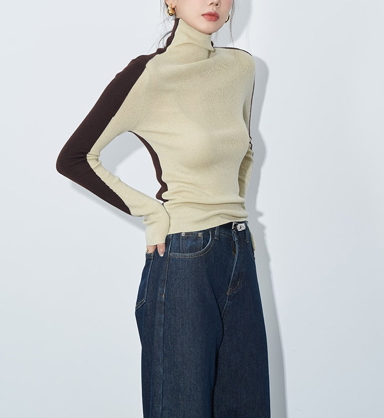 Contrast-color Ultra-fine Merino Wool Designer Patchwork Base Knit Top For Women