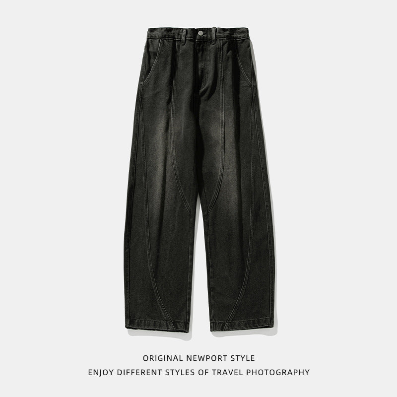 Wide-leg Washed Denim Jeans Mens Loose Casual Pants