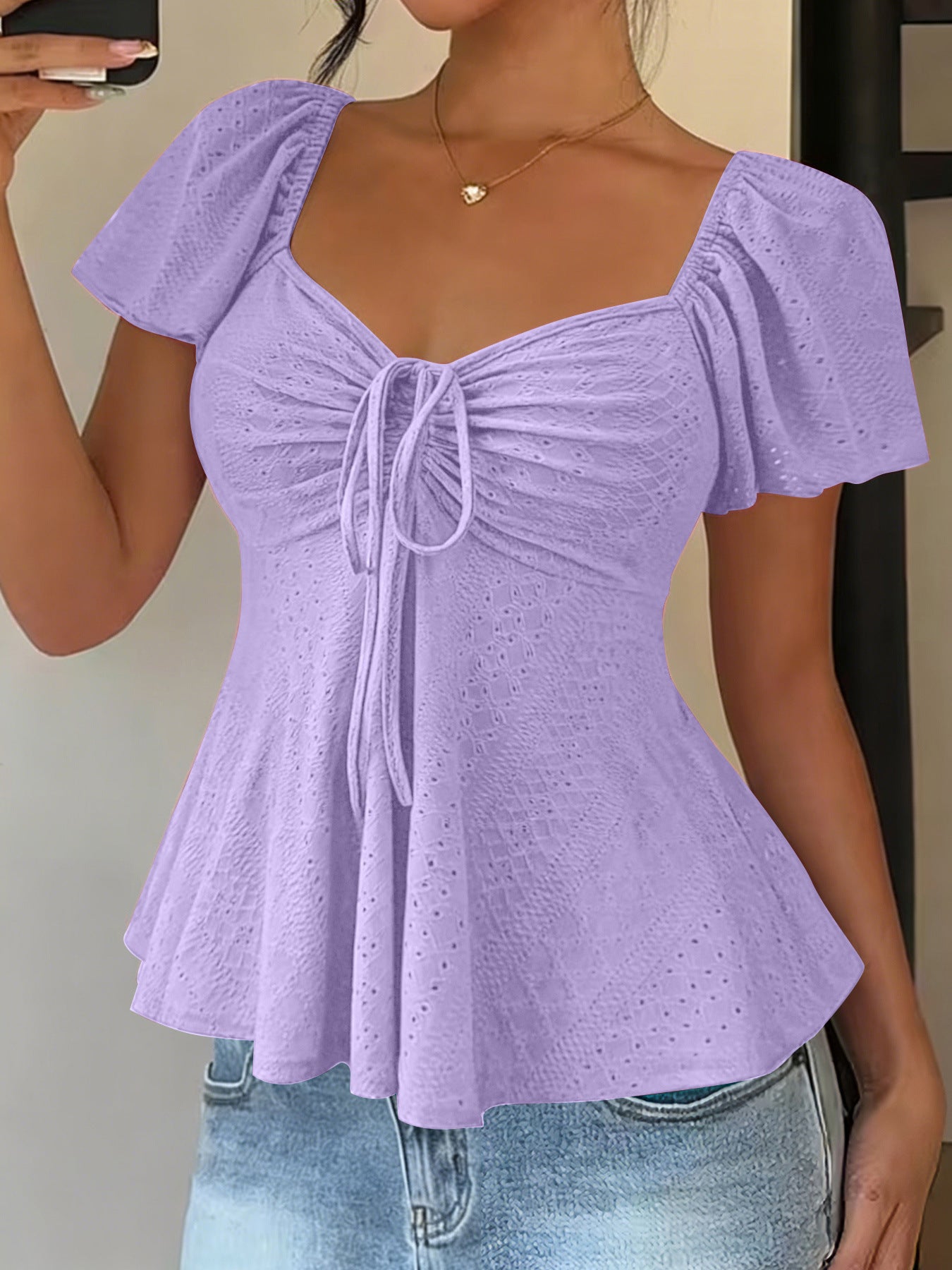 Euramerican V-neck Drawstring Tie-up Top