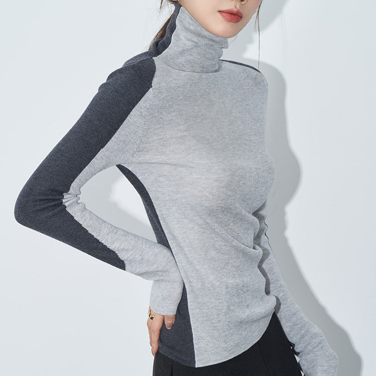 Contrast-color Ultra-fine Merino Wool Designer Patchwork Base Knit Top For Women