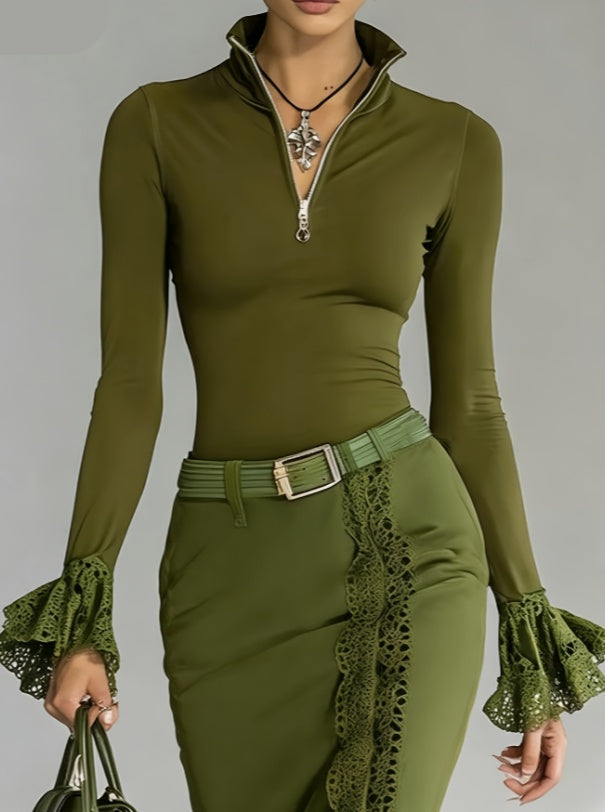 Lace-trimmed Stand-up Collar Zip-up Long-sleeved Top For Women