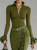 Lace-trimmed Stand-up Collar Zip-up Long-sleeved Top For Women