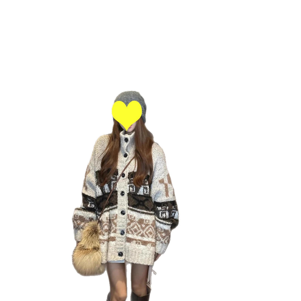 Fair Isle Retro Ethnic Style Cable-Knit Cardigan Sweater