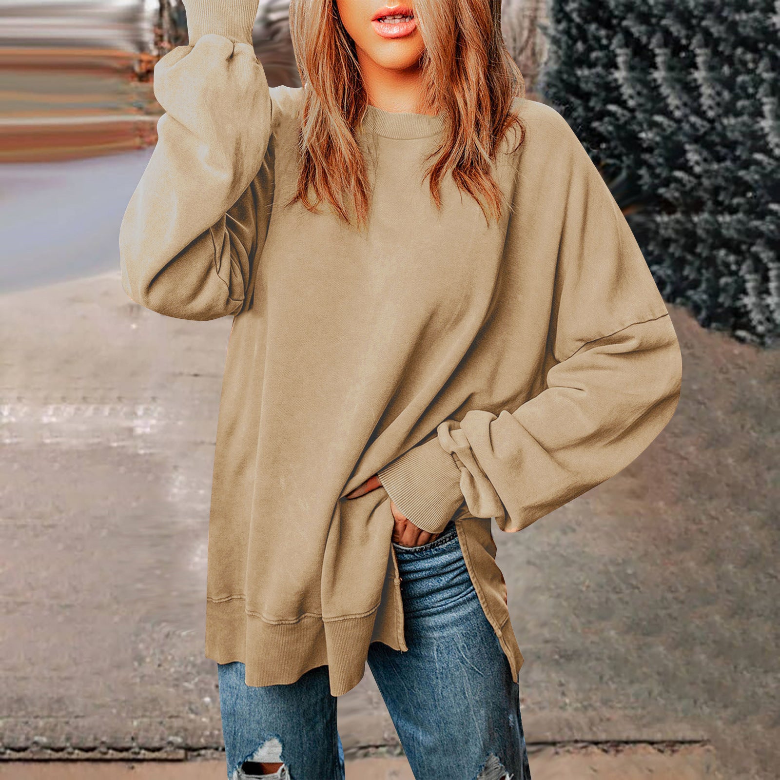 Solid-color Pullover Crewneck Sweatshirt Casual Versatile Style Extra-long Figure-flattering Long-sleeve Top