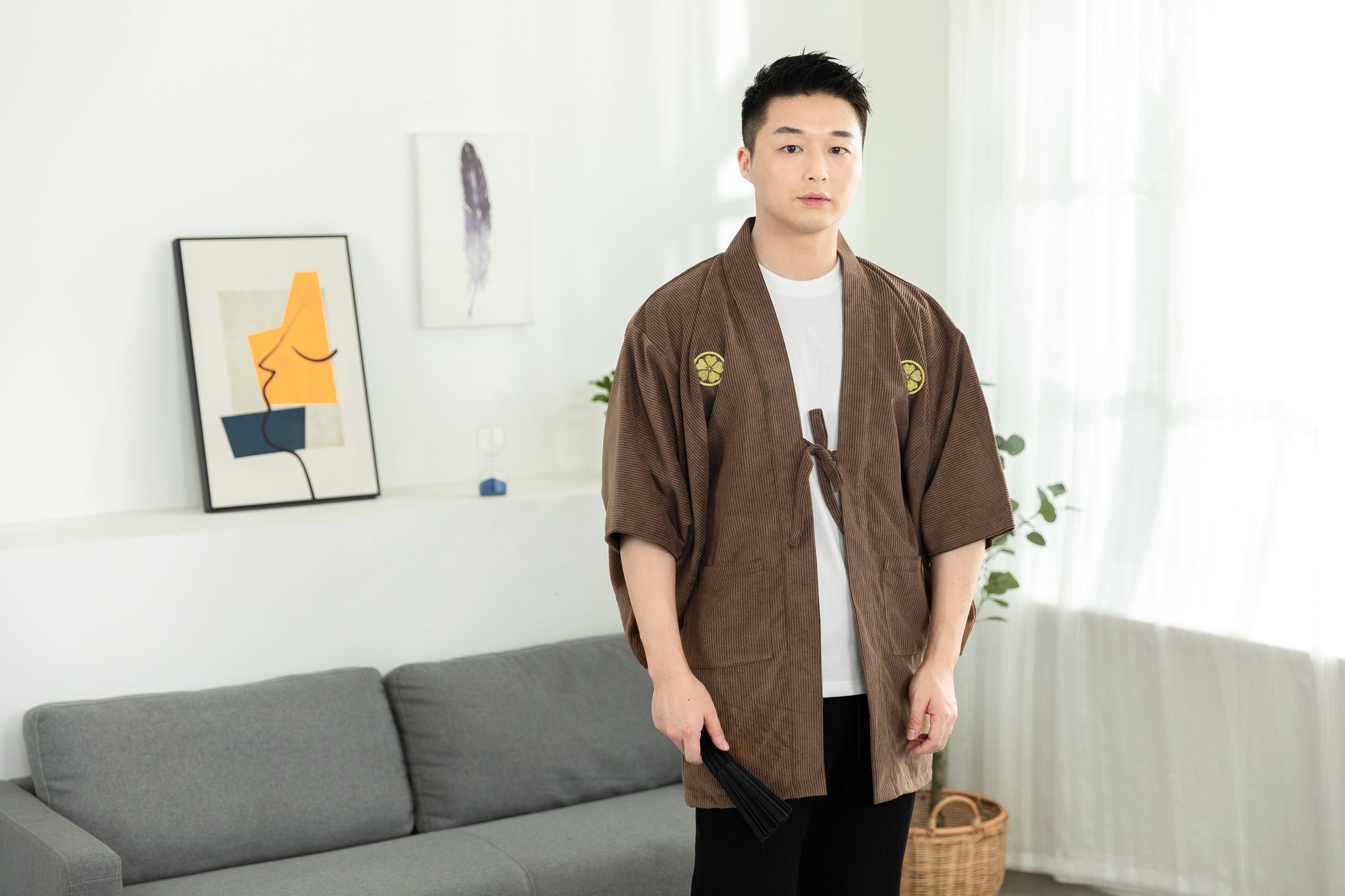 Men's Haori, Japanese Kimono Jacket, Samurai Style Embroidered Coat, Double-layer Lace Up Outerwear, Unique Japanese Novelty Clothing, Halloween Costume.