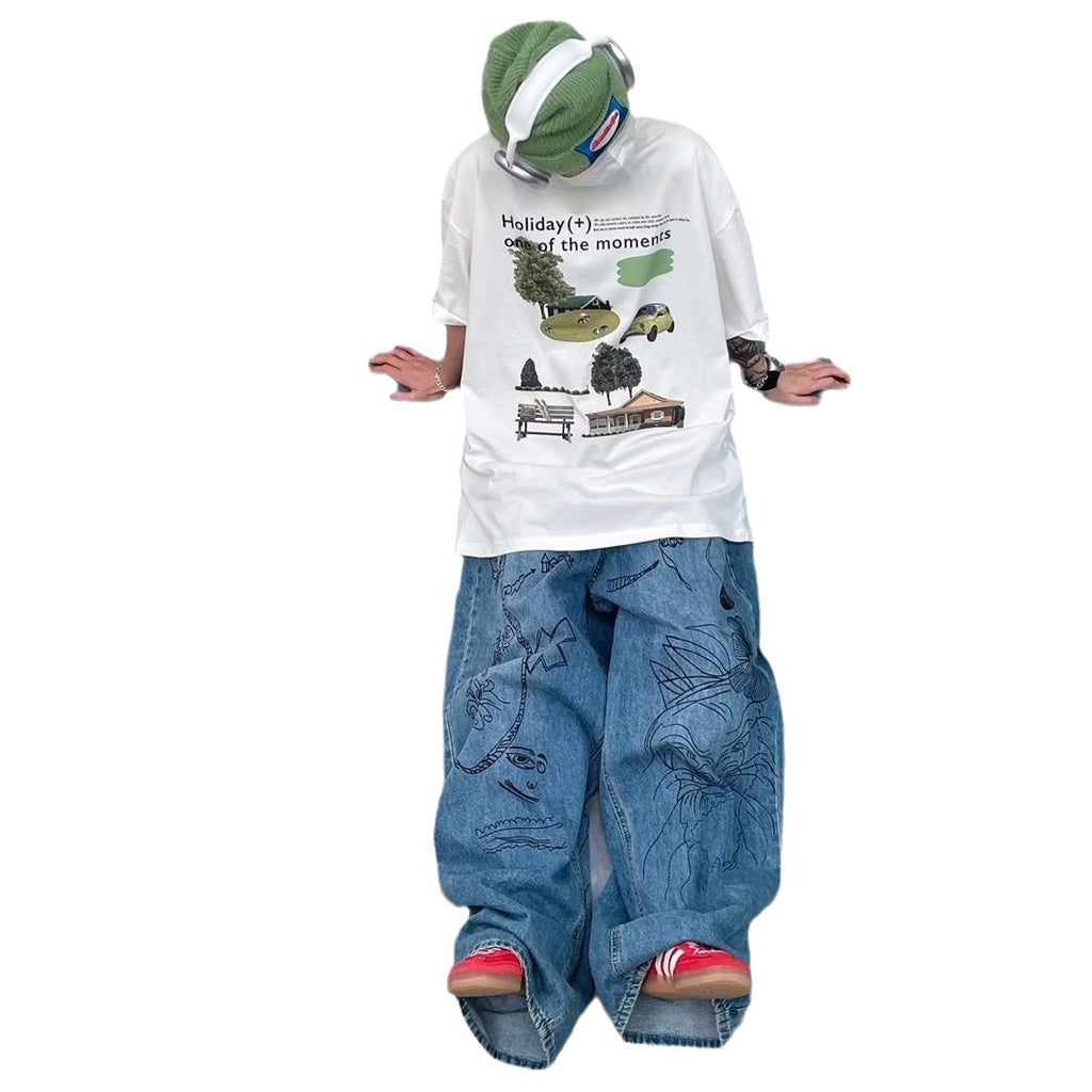 American-style Street Graffiti Wide-leg Jeans For Men
