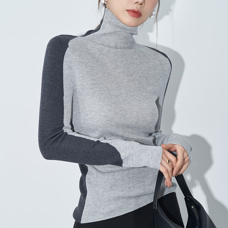 Contrast-color Ultra-fine Merino Wool Designer Patchwork Base Knit Top For Women