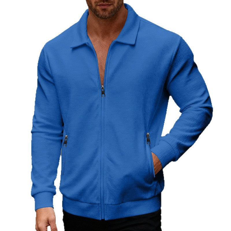 Men's Waffle-Weave Lapel Zip-Up Long-Sleeve Jacket