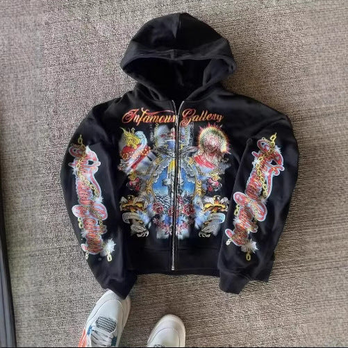 Letter-printed American-style Fleece Hipster Streetwear Loose-fitting Zip-up Hoodie