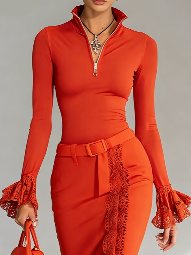 Lace-trimmed Stand-up Collar Zip-up Long-sleeved Top For Women