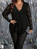 Womens Loose Powder-Effect Elegant Lace V-Neck Long-Sleeve T-Shirt
