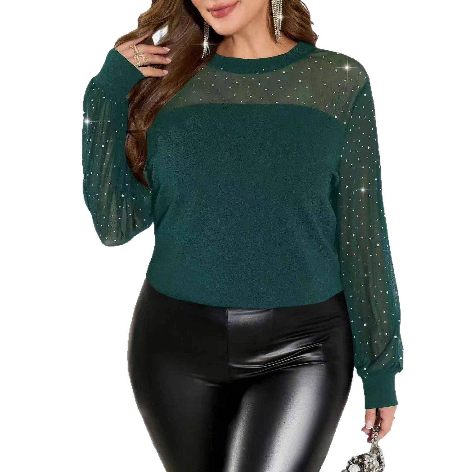 Women's Fashionable And Elegant Rhinestone-Embellished Mesh-Panel Long-Sleeve Top