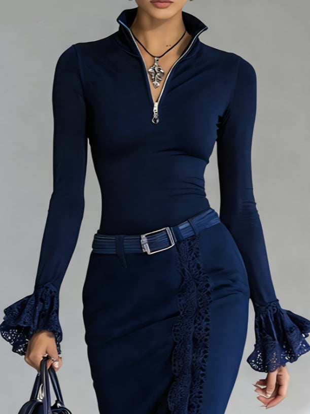 Lace-trimmed Stand-up Collar Zip-up Long-sleeved Top For Women
