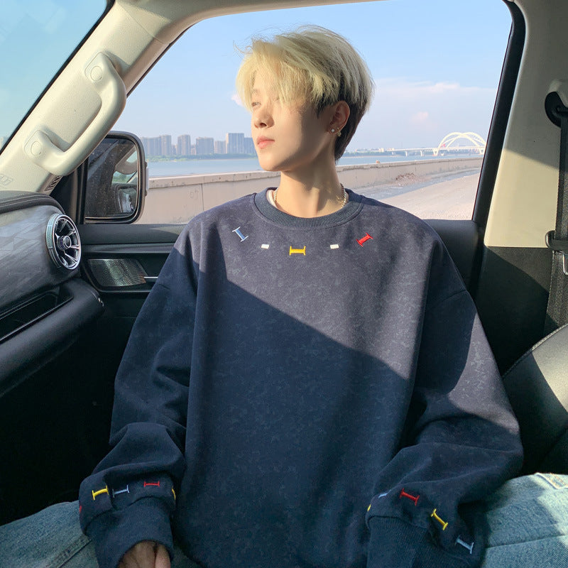 Tie-dye Colorful Embroidered Crewneck Sweatshirt For Men